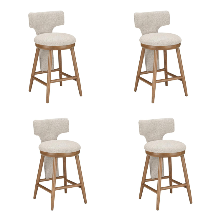 Set of 4 Beige Boucle and Solid Oak Kitchen Stools with Back - Nyla