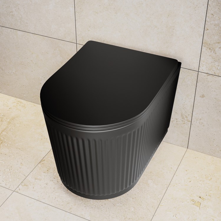 Matt Black Fluted Wall Hung Rimless Short Projection Toilet with Soft Close Seat - Oregon