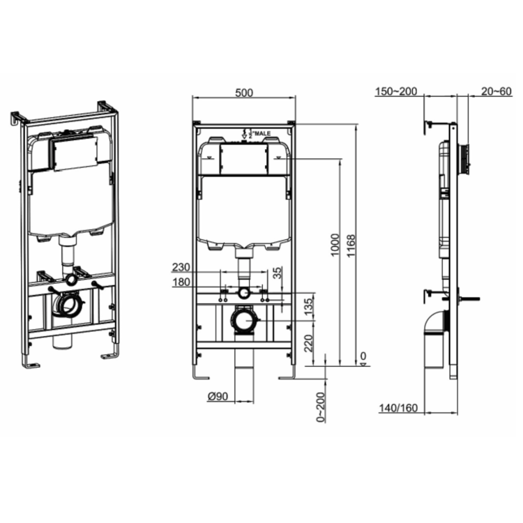 Fluted Wall Hung Rimless Toilet with Soft Close Seat, Chrome Mechanical Flush Plate, 1168mm Frame & Cistern – Oregon