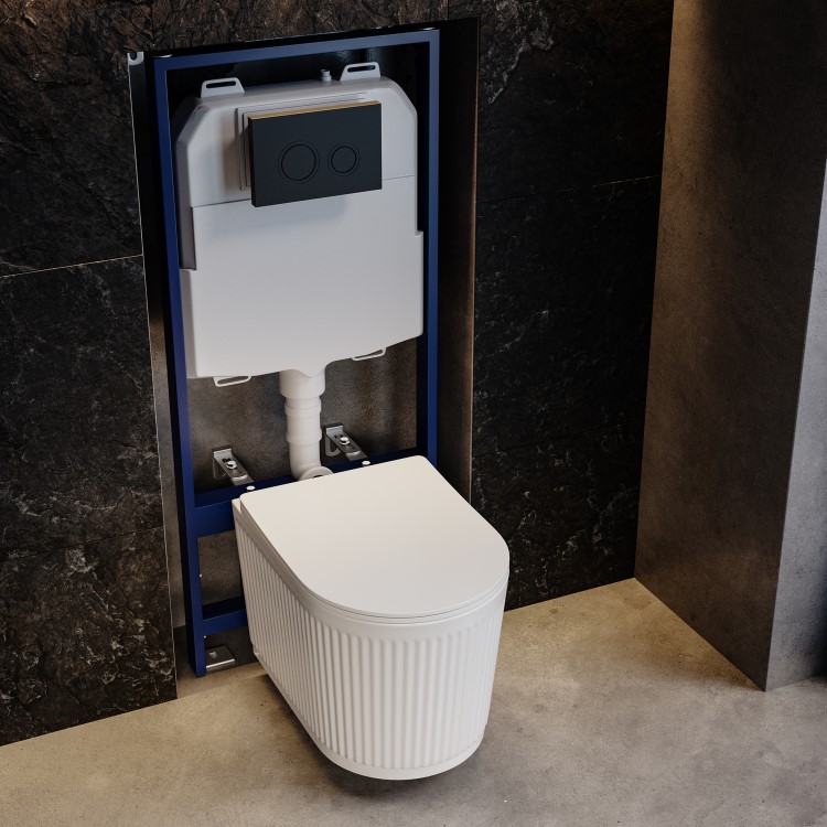 Fluted Wall Hung Rimless Toilet with Soft Close Seat, Matt Black Mechanical Flush Plate, 1168mm Frame & Cistern – Oregon