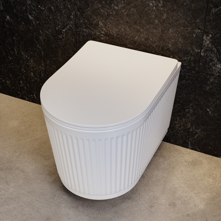 Fluted Wall Hung Rimless Toilet with Soft Close Seat, Matt Black Mechanical Flush Plate, 1168mm Frame & Cistern – Oregon
