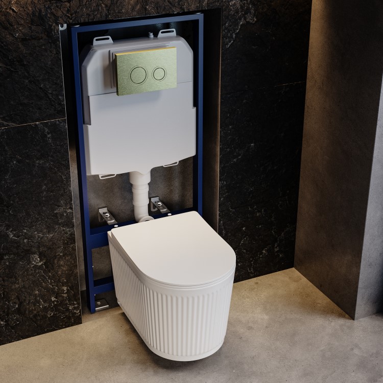 Fluted Wall Hung Rimless Toilet with Soft Close Seat, Brushed Brass Mechanical Flush Plate, 1168mm Frame & Cistern – Oregon