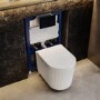 Fluted Wall Hung Rimless Toilet with Soft Close Seat, Black Glass Sensor Flush Plate, 820mm Frame & Cistern – Oregon