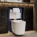 BUN/ORMWWHPAN/97002 Fluted Wall Hung Rimless Toilet with Soft Close Seat, White Glass Sensor Flush Plate, 820mm Frame & Cistern – Oregon