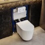 Fluted Wall Hung Rimless Toilet with Soft Close Seat, White Glass Sensor Flush Plate, 820mm Frame & Cistern – Oregon