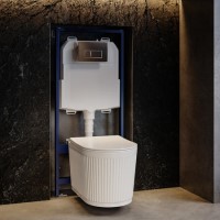 Fluted Wall Hung Rimless Toilet with Soft Close Seat, Chrome Pneumatic Flush Plate, 1168mm Frame & Cistern – Oregon
