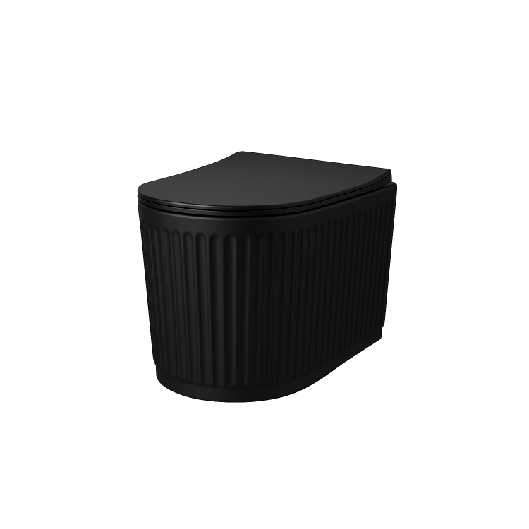Matt Black Fluted Wall Hung Rimless Toilet with Soft Close Seat, Brushed Brass Pneumatic Flush Plate, 1168mm Frame & Cistern – Oregon