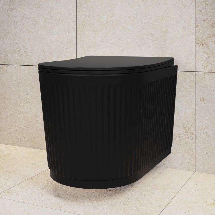 Matt Black Fluted Wall Hung Rimless Toilet with Soft Close Seat, Black Glass Sensor Flush Plate, 1168mm Frame & Cistern – Oregon
