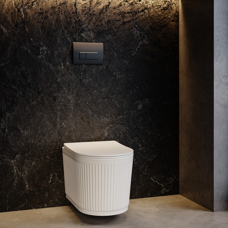 Fluted Wall Hung Rimless Toilet with Soft Close Seat, Matt Black Pneumatic Flush Plate, 1168mm Frame & Cistern – Oregon