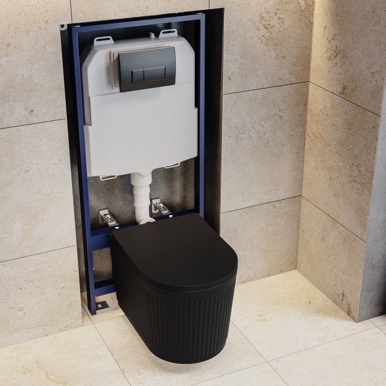 Matt Black Fluted Wall Hung Rimless Toilet with Soft Close Seat, Gunmetal Pneumatic Flush Plate, 1168mm Frame & Cistern – Oregon