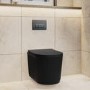 Matt Black Fluted Wall Hung Rimless Toilet with Soft Close Seat, Gunmetal Pneumatic Flush Plate, 820mm Frame & Cistern – Oregon