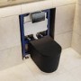Matt Black Fluted Wall Hung Rimless Toilet with Soft Close Seat, Gunmetal Pneumatic Flush Plate, 820mm Frame & Cistern – Oregon