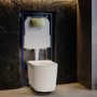 Fluted Wall Hung Rimless Toilet with Soft Close Seat, Brushed Brass Pneumatic Flush Plate, 1168mm Frame & Cistern – Oregon