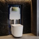 BUN/ORMWWHPAN/97005 Fluted Wall Hung Rimless Toilet with Soft Close Seat, Brushed Brass Pneumatic Flush Plate, 1168mm Frame & Cistern – Oregon