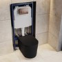 Matt Black Fluted Wall Hung Rimless Toilet with Soft Close Seat, Brushed Bronze Pneumatic Flush Plate, 1168mm Frame & Cistern – Oregon