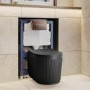 Matt Black Fluted Wall Hung Rimless Toilet with Soft Close Seat, Brushed Bronze Pneumatic Flush Plate, 820mm Frame & Cistern – Oregon