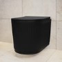 Matt Black Fluted Wall Hung Rimless Toilet with Soft Close Seat, Brushed Bronze Pneumatic Flush Plate, 820mm Frame & Cistern – Oregon
