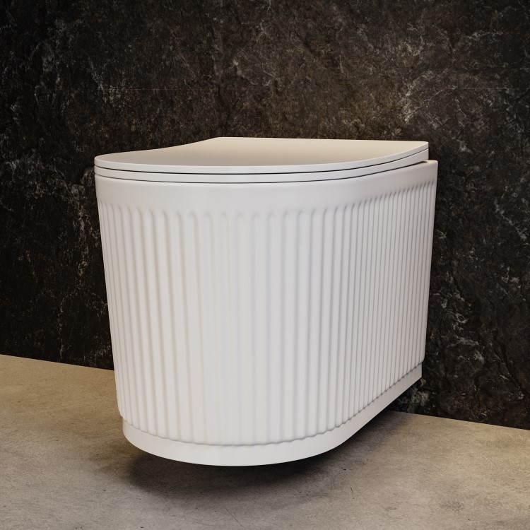 Fluted Wall Hung Rimless Toilet with Soft Close Seat, Chrome Mechanical Flush Plate, 1168mm Frame & Cistern – Oregon