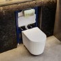 Fluted Wall Hung Rimless Toilet with Soft Close Seat, Brushed Brass Pneumatic Flush Plate, 820mm Frame & Cistern – Oregon