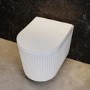 Fluted Wall Hung Rimless Toilet with Soft Close Seat, Brushed Brass Pneumatic Flush Plate, 820mm Frame & Cistern – Oregon