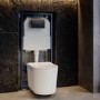Fluted Wall Hung Rimless Toilet with Soft Close Seat, Matt Black Pneumatic Flush Plate, 1168mm Frame & Cistern – Oregon