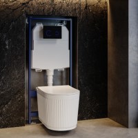 Fluted Wall Hung Rimless Toilet with Soft Close Seat, Black Glass Sensor Flush Plate, 1168mm Frame & Cistern – Oregon