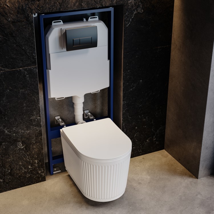 Fluted Wall Hung Rimless Toilet with Soft Close Seat, Gunmetal Pneumatic Flush Plate, 1168mm Frame & Cistern – Oregon