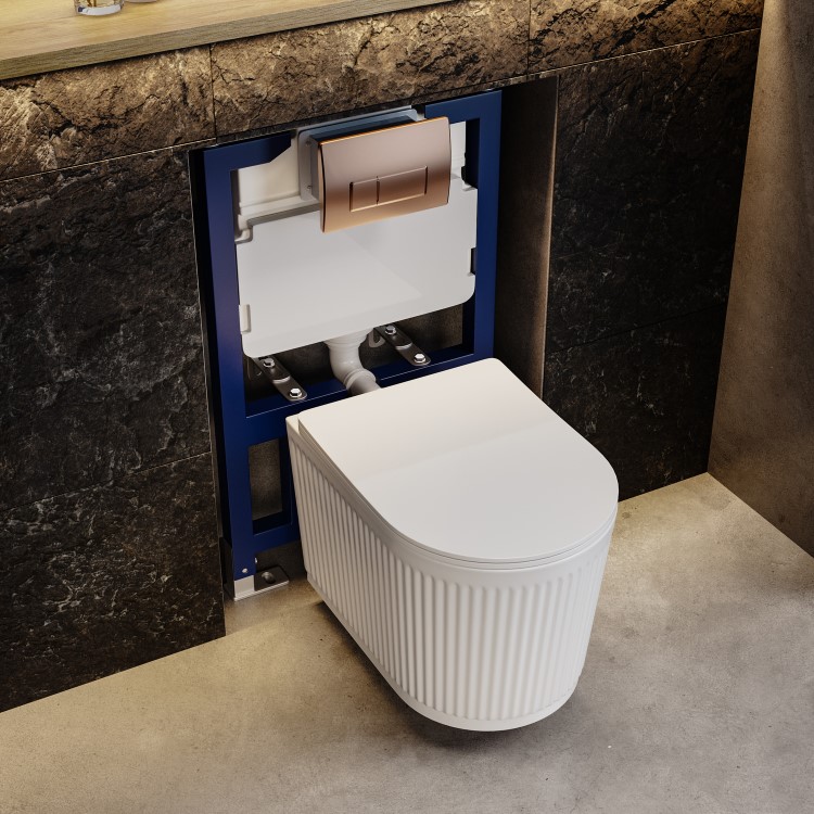 Fluted Wall Hung Rimless Toilet with Soft Close Seat, Brushed Bronze Pneumatic Flush Plate, 820mm Frame & Cistern – Oregon