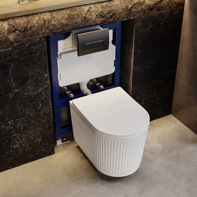 Fluted Wall Hung Toilet Toilet, 820mm Pneumatic Frame and Cistern & Gunmetal Pneumatic Flush Plate - Oregon