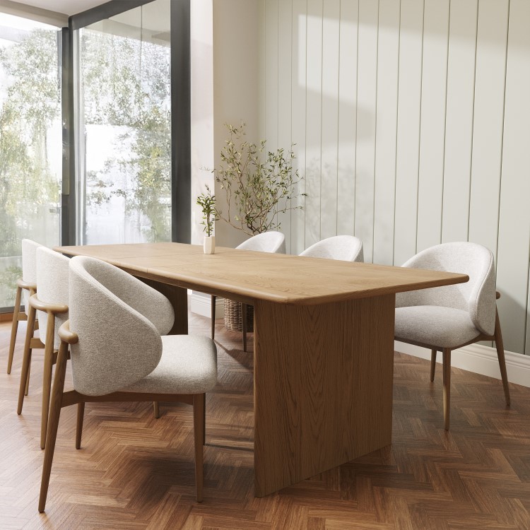 Set of 6 Beige Upholstered Curved Dining Chairs with Solid Rustic Exposed Back - Kori