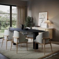 Large Black Oak Pebble Dining Table Set with 6 Beige Upholstered Chairs - Seats 6 - Oscar Large Black Oak Pebble Dining Table Set with 6 Beige Upholstered Chairs - Seats 6 - Oscar