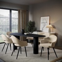Large Black Oak Pebble Dining Table Set with 6 Beige Upholstered Chairs - Seats 6 - Oscar Large Black Oak Pebble Dining Table Set with 6 Beige Upholstered Chairs - Seats 6 - Oscar