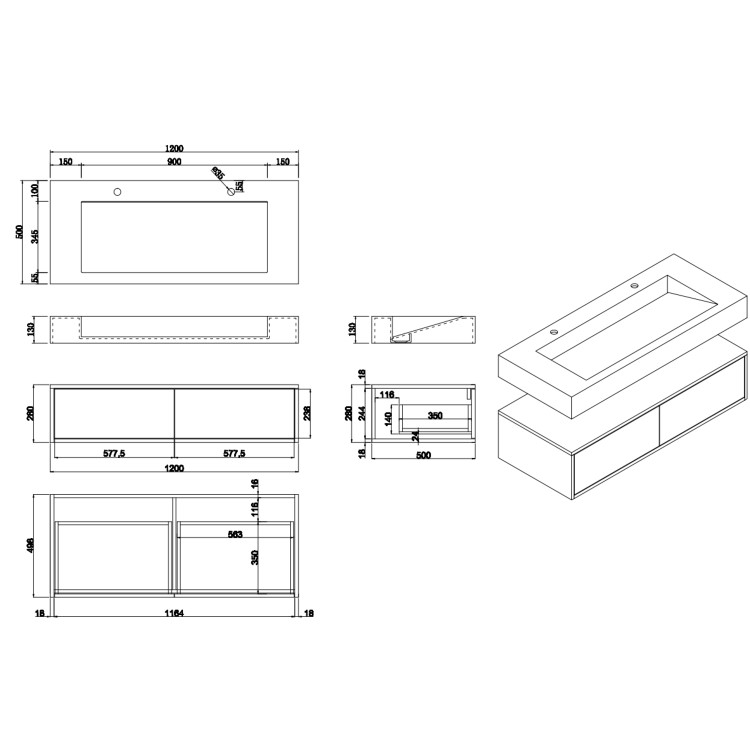 1200mm White Wall Hung Double Vanity Unit with Basin - Oslo