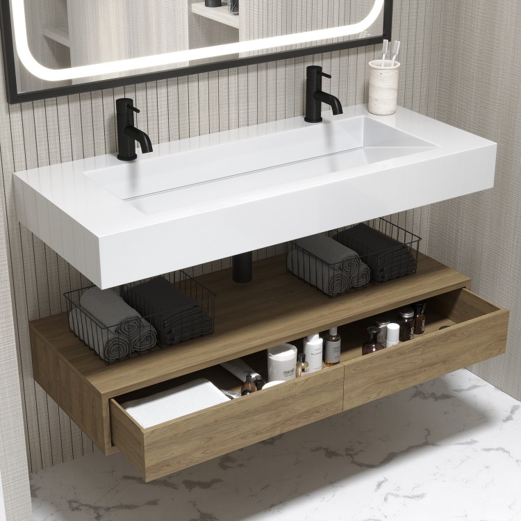 1200mm Wood Effect Wall Hung Double Vanity Unit with Basin - Oslo