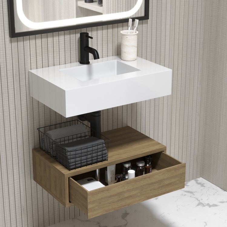 600mm Wood Effect Wall Hung Vanity Unit with Basin - Oslo