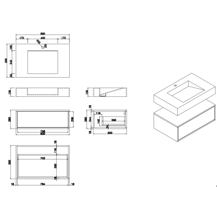 800mm Black Wall Hung Vanity Unit with Basin - Oslo