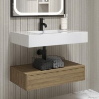 ONLY OPENED - 800mm Wood Effect Wall Hung Vanity Unit with Rectangular Basin - Oslo