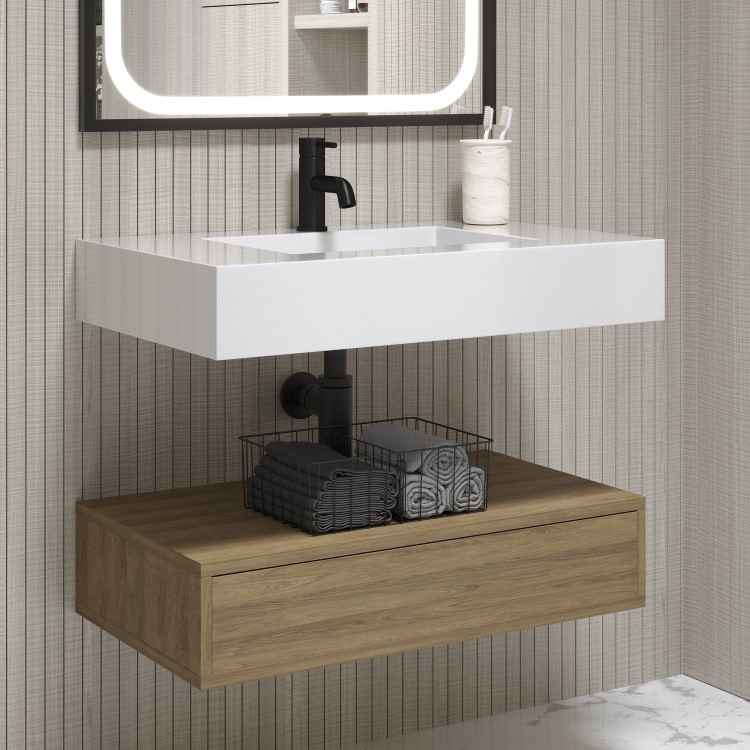 ONLY OPENED - 800mm Wood Effect Wall Hung Vanity Unit with Rectangular Basin - Oslo