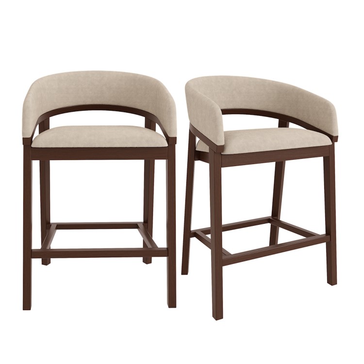 Set of 2 Walnut & Beige Upholstered Curved Kitchen Stools with Backs - Owen