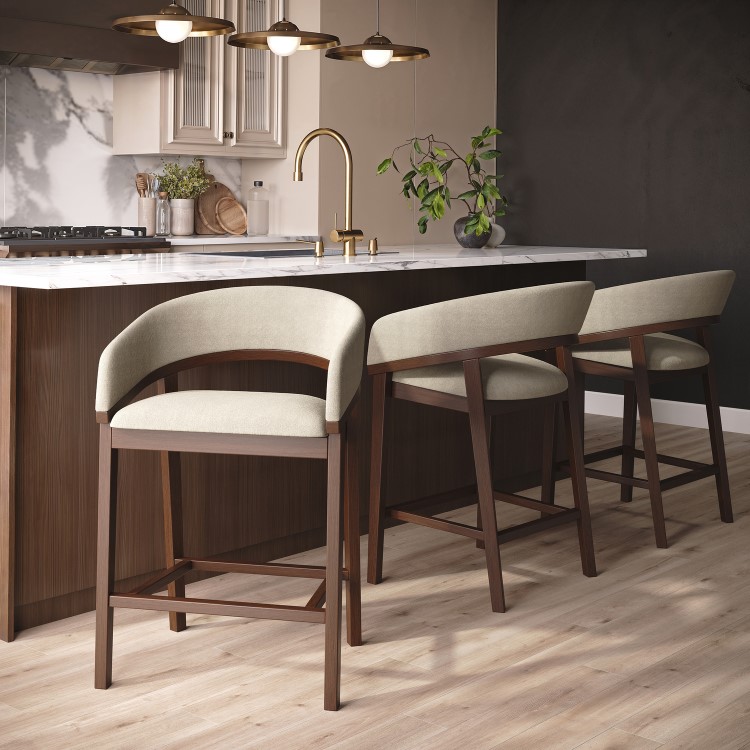 Set of 3 Walnut & Beige Upholstered Curved Kitchen Stools with Backs - Owen