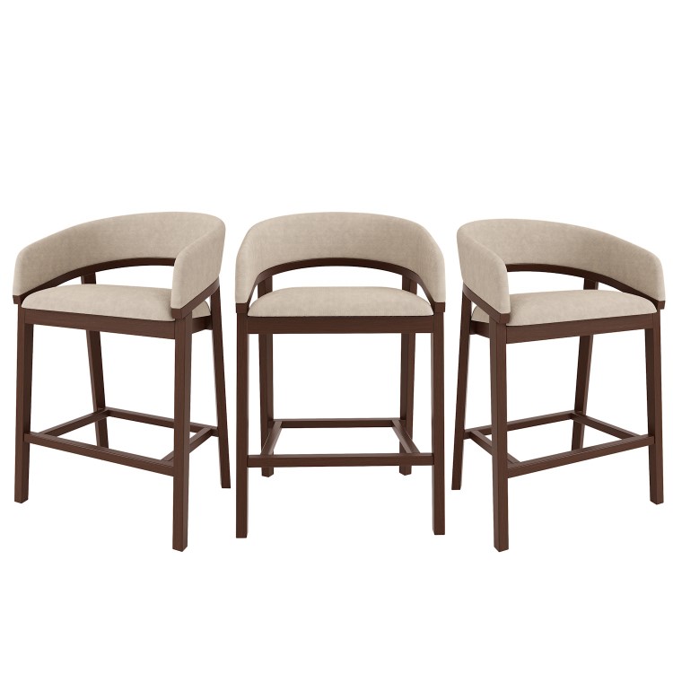Set of 3 Walnut & Beige Upholstered Curved Kitchen Stools with Backs - Owen