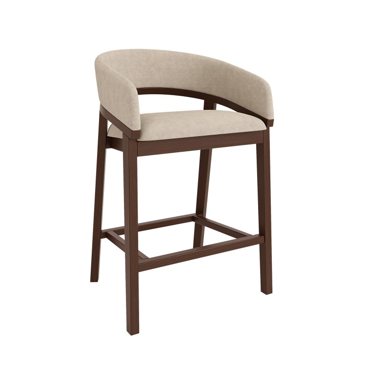 Set of 3 Walnut & Beige Upholstered Curved Kitchen Stools with Backs - Owen