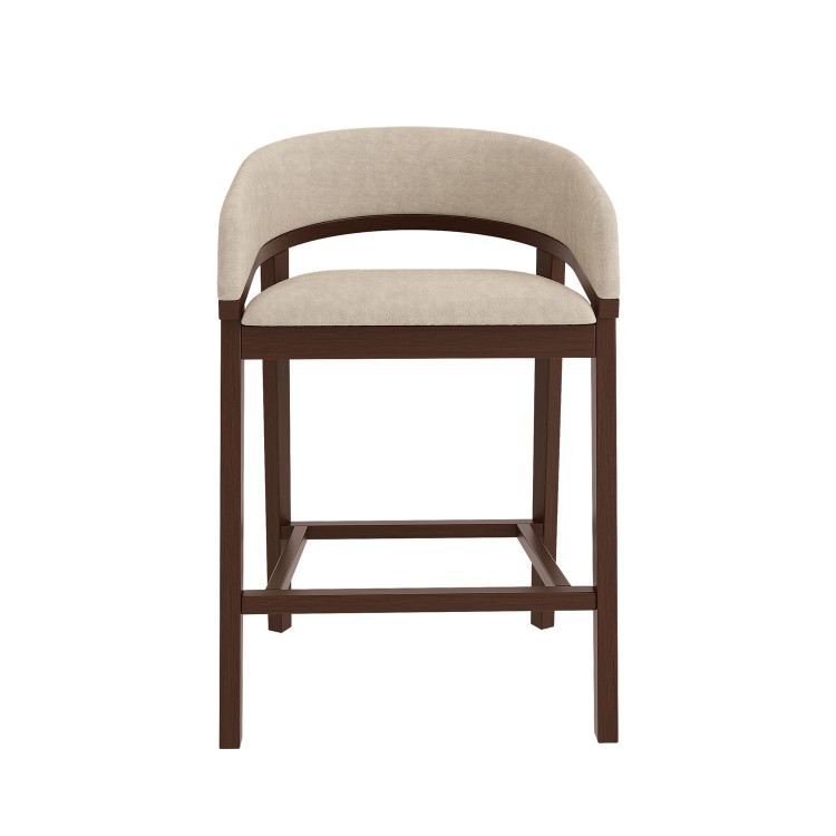 Set of 4 Walnut & Beige Upholstered Curved Kitchen Stools with Backs - Owen