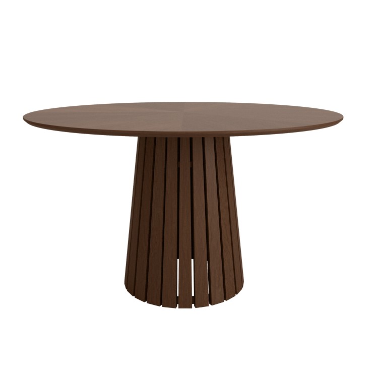 Round Walnut Dining Table Set with 4 Beige Upholstered Curved Dining Chairs - Seats 4 - Owen