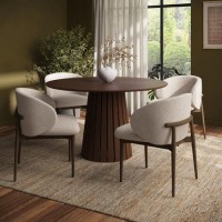 Round Walnut Dining Table Set with 4 Beige Upholstered Curved Dining Chairs - Owen