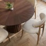 Round Walnut Dining Table Set with 4 Beige Upholstered Curved Dining Chairs - Owen