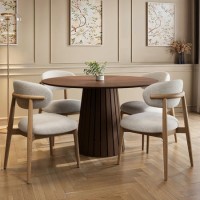 Round Walnut Dining Table Set with 4 Beige Upholstered Curved Dining Chairs - Owen
