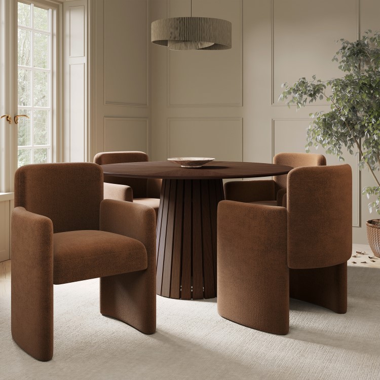 Round Walnut Dining Table Set with 4 Rust Fully Upholstered Chairs - Seats 4 - Owen