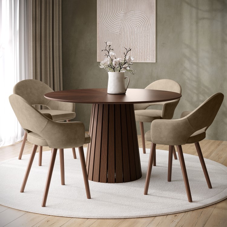 Round Walnut Dining Table Set with 4 Beige Faux Leather Dining Chairs - Seats 4 - Owen