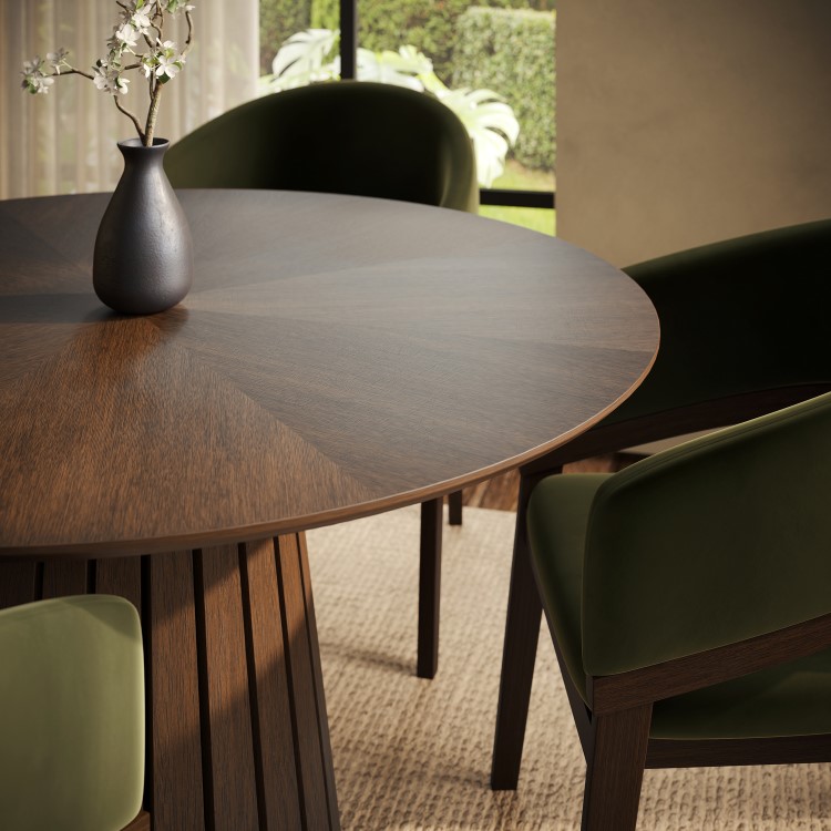 Round Walnut Dining Table Set with 4 Olive Green Velvet Chairs - Seats 4 - Owen